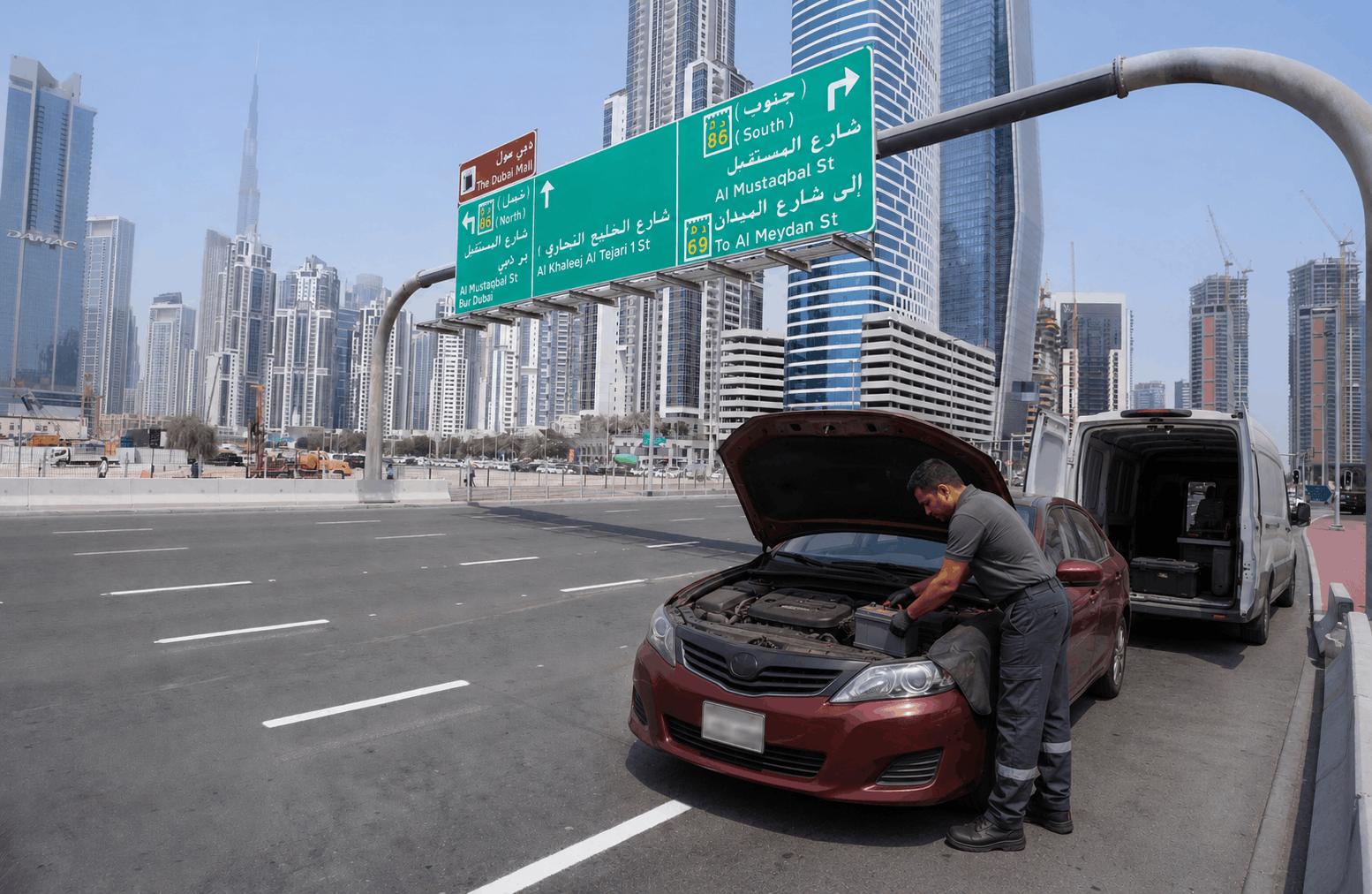 فني يبدّل بطارية سيارة على جانب الطريق في أبراج بحيرات جميرا